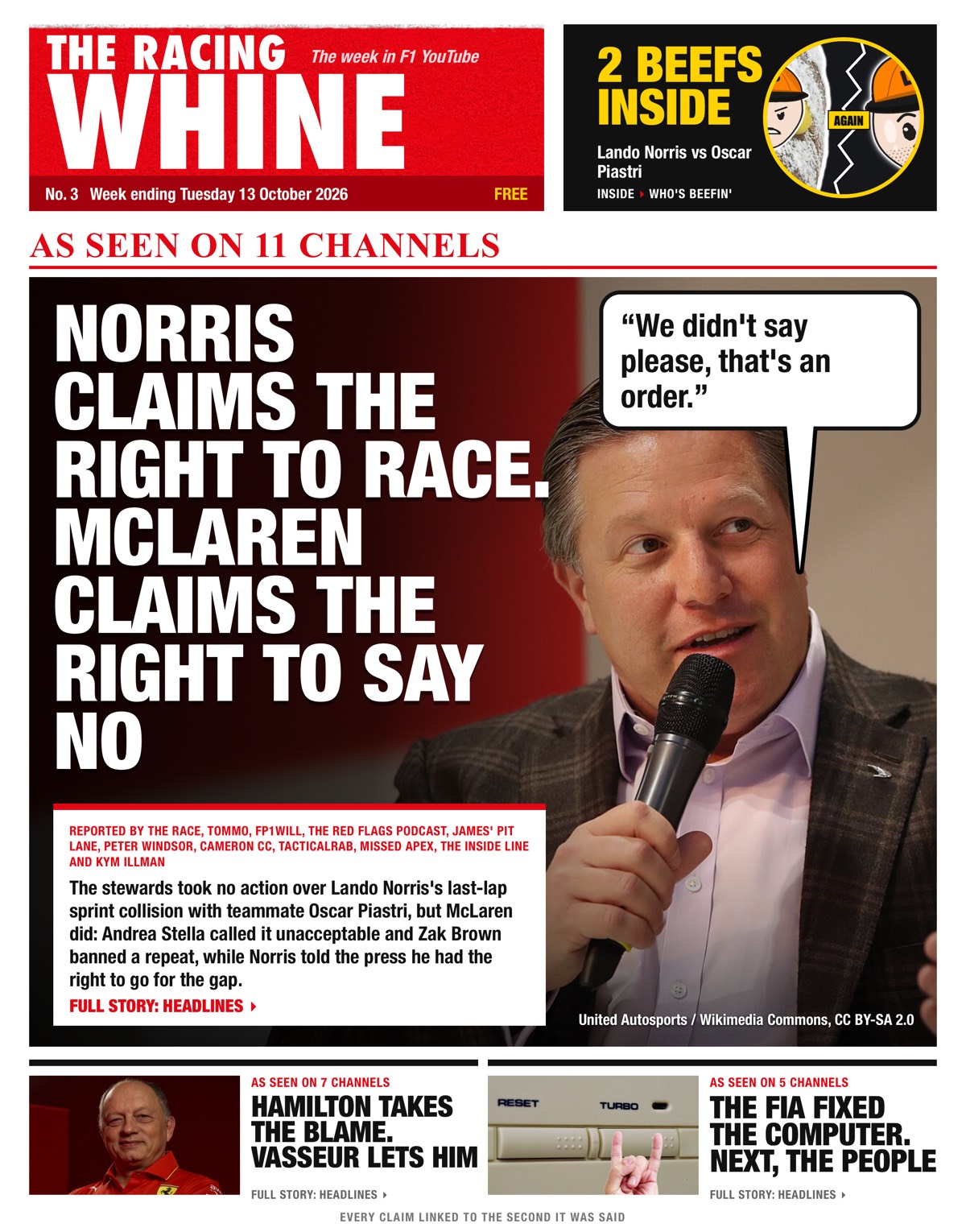 The Racing Whine, Week ending Tuesday 13 October 2026: Norris claims the right to race. McLaren claims the right to say no; Hamilton takes the blame. Vasseur lets him; The FIA fixed the computer. Next, the people